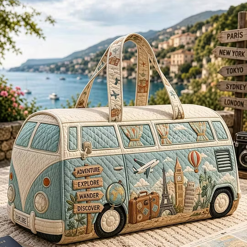 Outdoor Adventure Kit - Vintage Travel Bus Adventure Quilted Duffle