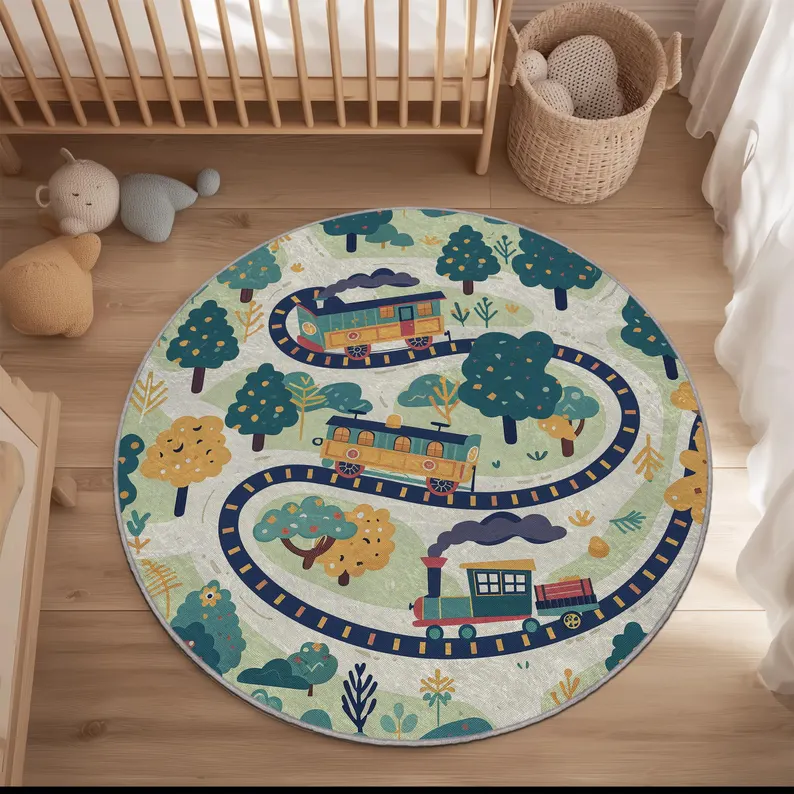 Round Kids Train Rug, Nursery  - Outdoor Adventure For Toddlers ulasan dan harga